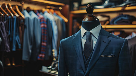 Dark navy blue suit and tie displayed on mannequin in a tailoring room of a menswear store.の素材