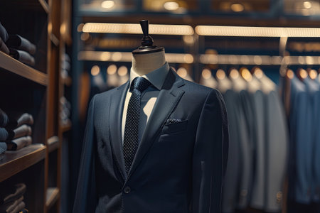 Dark navy blue suits and ties on mannequins in a tailoring room of a luxury mens clothing store.の素材