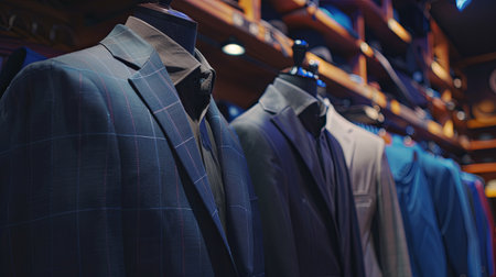 Dark navy blue mens suits hanging on a rack in a store, showcasing luxury menswear options for office attire.の素材