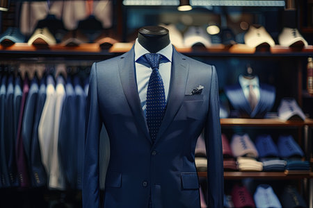 Dark navy blue mens suit and tie displayed on mannequin in upscale store.の素材