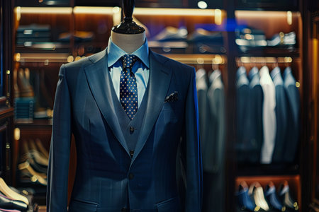 Dark navy blue mens suit and tie elegantly showcased on a mannequin in a tailoring room of a high-end menswear store.の素材