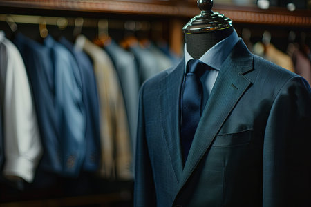 A dark navy blue suit and tie displayed on a mannequin in a tailored room.の素材