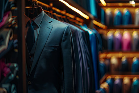 Dark navy blue mens suit and tie displayed on a mannequin in a tailoring room.の素材