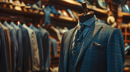 Dark navy blue suits and ties showcased on mannequins in a tailoring room for a mens clothing and office wear store.の素材