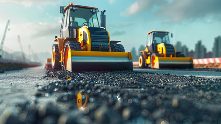 Two yellow bulldozers driving down a road at a construction site, surrounded by other construction machinery like road rollers and asphalt pavers.の素材