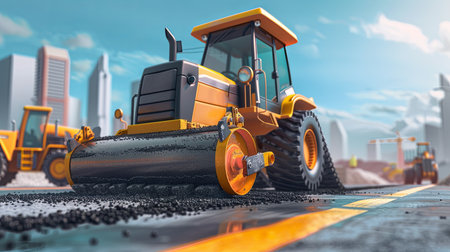 A powerful yellow bulldozer is driving down a road, clearing the way for construction and infrastructure development.の素材