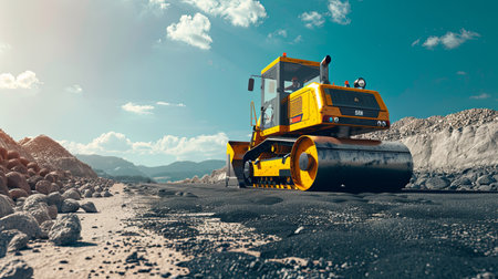 A large yellow bulldozer powers through a rough and rocky landscape, its massive blade pushing aside obstacles as it works on the terrain.の素材