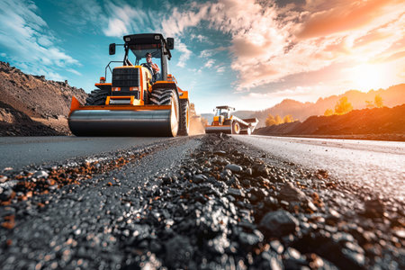 Two road rollers drive down a dirt road, flattening the ground as they work their way across the construction site.の素材