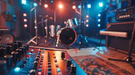 A sound board and drums are set up in a recording studio, ready for a session of music production and mixing.の素材