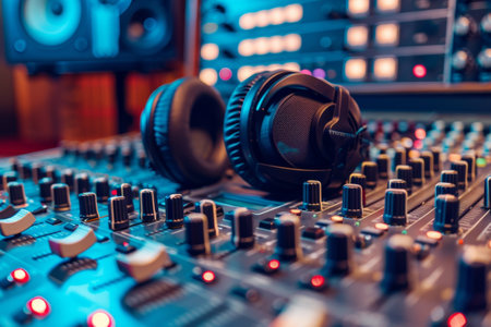 A mixing desk adorned with a pair of headphones, symbolizing the connection between technology and sound in a recording studio setting.の素材