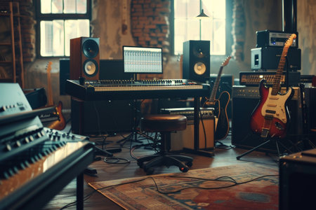 A vibrant room bursting with various musical instruments and equipment like guitars, drums, keyboards, and microphones, creating a perfect harmony of sound and creativity.の素材