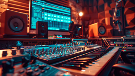 A recording studio alive with the hum of sound equipment and the meticulous adjustments of a sound board.の素材