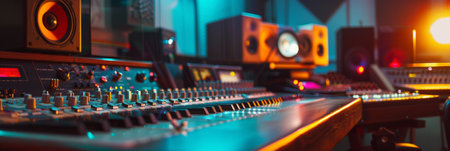 A recording studio buzzing with creativity, featuring a plethora of high-tech sound equipment, mixing consoles, microphones, and musical instruments.の素材