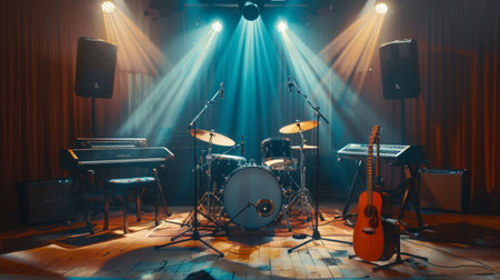 A group of musical instruments, including guitars, drums, and microphones, are arranged on top of a stage, awaiting their musicians to bring them to life with a melodic concert.の素材