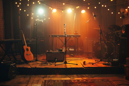 A stage set with an array of guitars and various musical instruments, ready for an electrifying performance.の素材