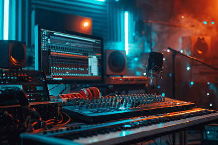 A dynamic recording studio filled with advanced sound equipment and vibrant lights, capturing the essence of creativity and innovation in music production.の素材