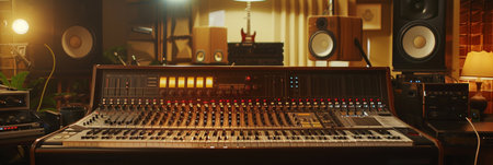 A recording studio buzzing with creative energy, illuminated by vibrant lights and filled with state-of-the-art sound equipment.の素材