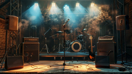 A collection of diverse musical instruments, including guitars, drums, and keyboards, are scattered on a stage along with microphones, ready for an exciting performance. Lights illuminate the stage.の素材