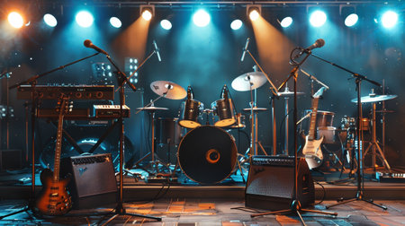 A group of diverse musical instruments peacefully resting on a stage, ready for the next mesmerizing performance to begin.の素材