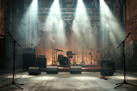 A stage illuminated by a multitude of vibrant lights, creating a dazzling display for a musical performance with instruments and microphones.の素材