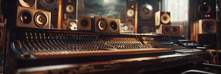 A bustling recording studio filled with professional sound equipment and instruments, where music comes alive through the skilled hands of musicians and producers.の素材
