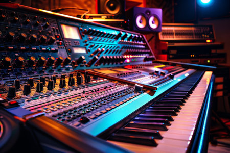A sound mixing console stands ready for a symphony of sounds to be carefully balanced in a recording studio.の素材