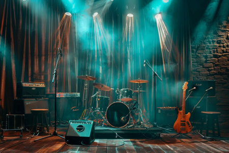 A vibrant group of musical instruments resting on a brightly lit stage, radiating a sense of musical harmony and performance readiness.の素材