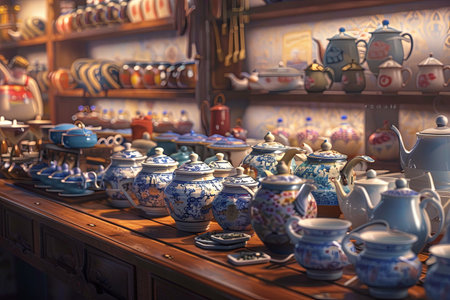 A room bursting with an abundance of diverse teapots, showing the wide array of styles and designs available in the tea market.の素材