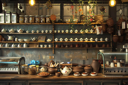 A bustling coffee shop filled with an assortment of pots and pans, creating a harmonious chaos as baristas prepare delicious drinks for their customers.の素材