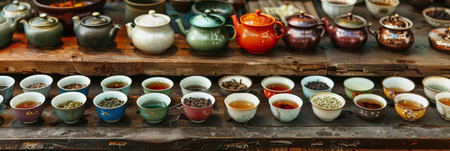 A variety of tea-filled cups elegantly displayed on a table, showing the diverse flavors and options available at a vibrant tea market.の素材