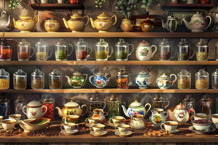 A vibrant shelf adorned with a diverse collection of cups and saucers in various shapes, sizes, colors, and designs, offering a glimpse into the world of tea connoisseurs and collectors.の素材