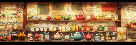 A vibrant painting of a store overflowing with a colorful array of pots and pans, creating a lively and bustling atmosphere.の素材