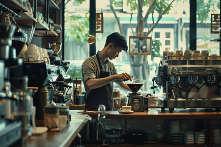 A man skillfully operates a coffee machine, brewing the perfect cup of espresso in a bustling coffee shop.の素材