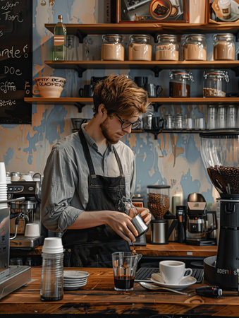 A man in a coffee shop carefully pours a cup of steaming coffee, his focused expression a testament to the artistry and care put into each brew.の素材