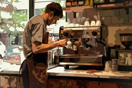 A man skillfully operates a coffee machine, preparing an aromatic cup of coffee in a cozy cafe setting.の素材