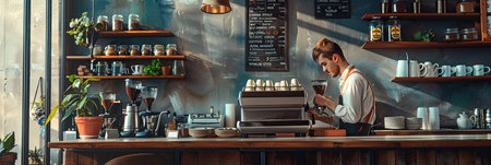 A man with a contemplative expression sits at the coffee shop counter, surrounded by the rich scents of freshly brewed coffee.の素材
