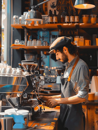 A skilled barista meticulously prepares espresso at a bustling coffee shop, surrounded by the aromatic blend of freshly brewed beverages and the rhythmic hum of coffee machines.の素材