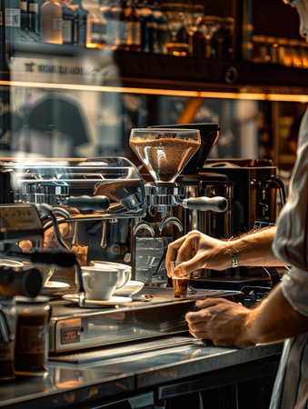 A skilled man meticulously fine-tuning a coffee machine in a bustling coffee shop, creating the perfect brew for eager customers.の素材