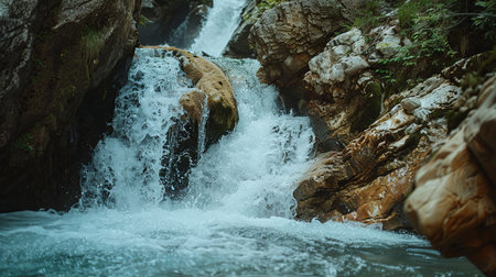 A small waterfall peacefully cascades through a lush forest, surrounded by majestic rocks and vibrant greenery, creating a serene and enchanting oasis in natures embrace.の素材