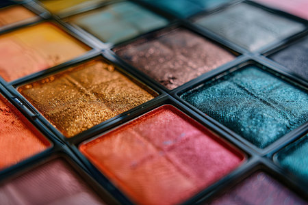 Detailed view of a vibrant eyeshadow palette with a variety of bright colors and textures on a smooth surface.の素材