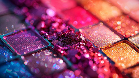 Close-up view of a colorful eyeshadow palette with rich hues, visible texture, and perfectly even surface.の素材