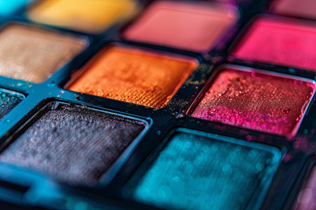 Detailed close-up of a vibrant, multi-colored eyeshadow palette with a rich texture and perfectly even surface.の素材