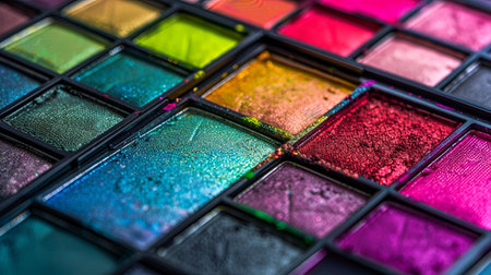 Detailed view of a vibrant, textured eyeshadow palette showing rich and varied hues.の素材