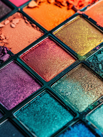 Detailed view of a vibrant and colorful eye shadow palette with a perfectly even surface.の素材
