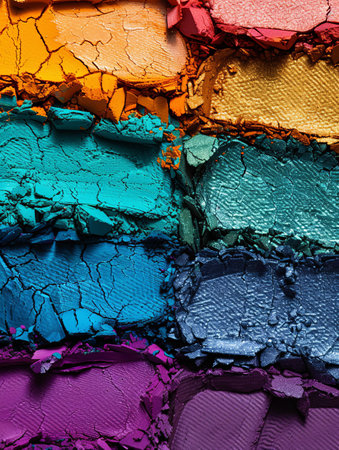 View a high-detail close-up of a vibrant multi-colored eyeshadow palette showing rich hues and visible texture.の素材