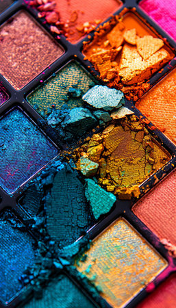 Close-up of a colorful eyeshadow palette showing bright, vibrant hues and visible textures on a perfectly even surface.の素材