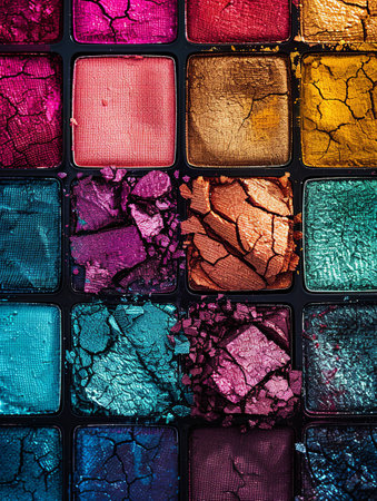 Detailed view of a vibrant eyeshadow palette showing rich, varied hues and textures.の素材