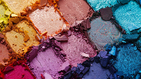 Detailed view of a vibrant, textured eyeshadow palette displaying a variety of rich hues on a perfectly even surface.の素材