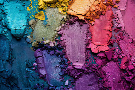 Detailed close-up of vibrant, textured colorful paint in various shades.の素材