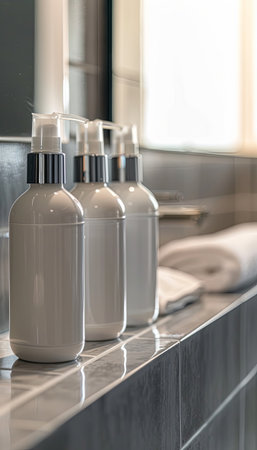 A close-up of three white shampoo and conditioner bottles on a modern bathroom countertop.の素材